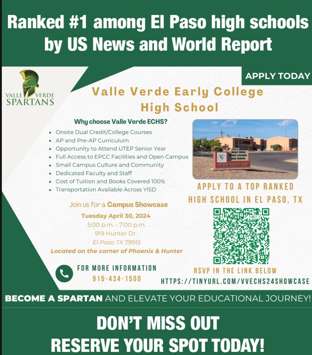 Want to join El Paso, TX's #1 high school? 🏆 Don't miss our 2024 Campus Showcase tomorrow from 5-7 pm! Explore clubs/organizations 🎨, meet teachers 👩‍🏫, and connect with Spartan Students. See you there! 💚#WEareSparta #THEDISTRICT #VVECHS24Showcase 💛