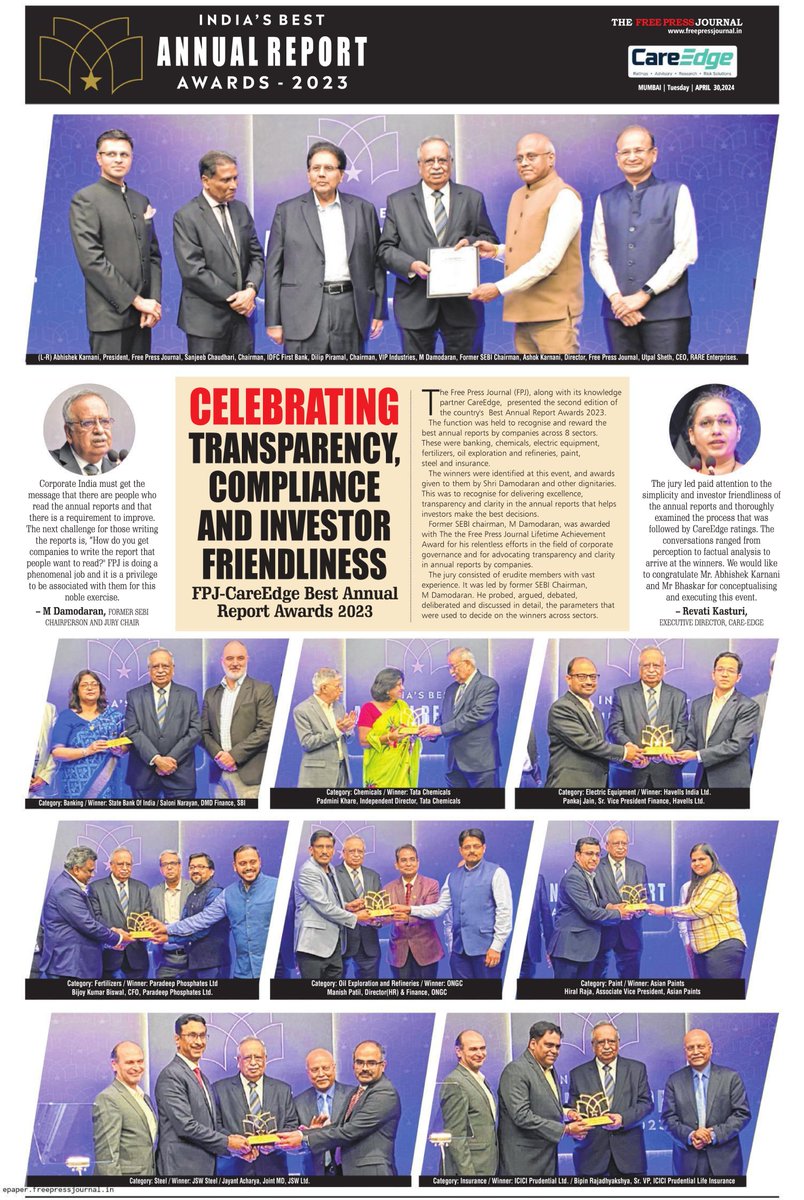 .@fpjindia in association with @CareEdge_Group after a year of deliberation by the esteemed jury, adjudged eight companies across sectors with 'India's Best Annual Report Awards - 2023'. The award ceremony also celebrated the career of former SEBI chairperson, M Damodaran, for…