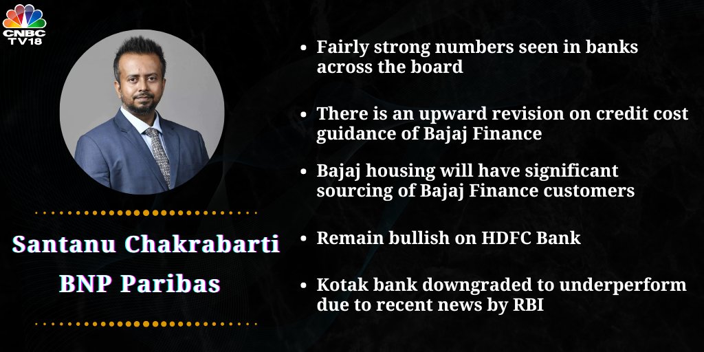 #OnCNBCTV18 | Fairly strong numbers seen in banks across the board. There is an upward revision in the credit cost guidance of Bajaj Finance

Kotak Bank downgraded to underperform due to recent news by RBI

Santanu Chakrabarti, BNP Paribas to CNBC-TV18