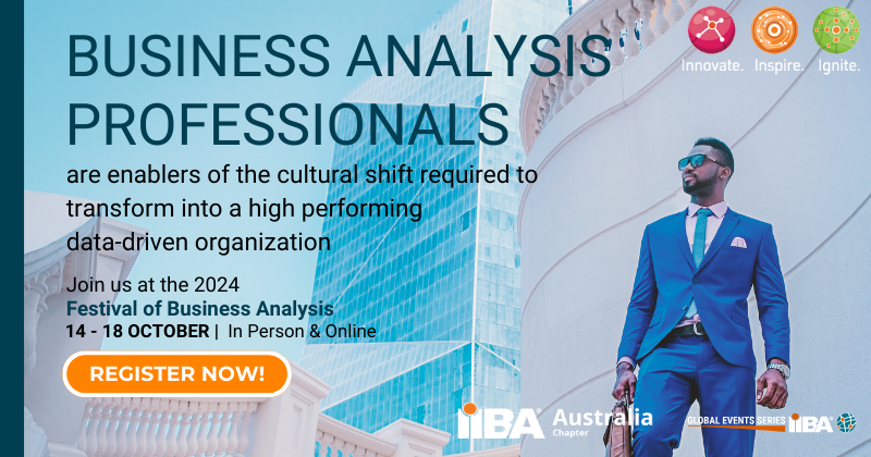 Learn how to drive high performance and shift your knowledge to top gear at the 2024 Festival of Business Analysis.

Register now: festivalofbusinessanalysis.org

#IIBA #businessanalysis #businessanalyst #iibafoba #adelaide #brisbane #melbourne #perth #sydney #online