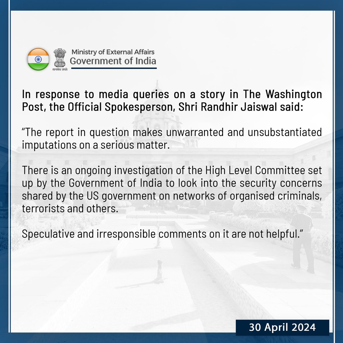 India rebuffs WaPo report on Pannun's killing plot, allegedly by RAW agents. @MEAIndia says the report 'makes unwarranted and unsubstantiated imputations on a serious matter.'