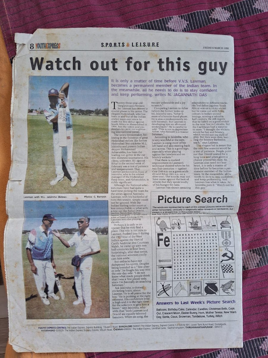 1998 clippings. When late ML Jaisimha said watch out for this guy (VVS Laxman).