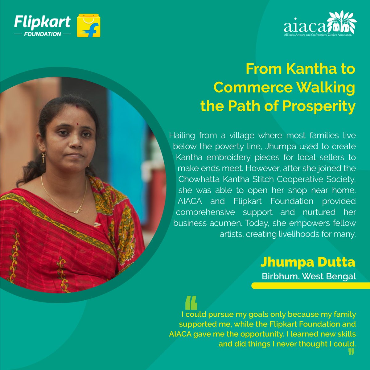 Jhumpa’s life saw a dramatic shift in terms of the growth of her skills and business acumen when she joined the Chowhatta Kantha Stitch Cooperative Society, refining her abilities. @FlipkartEnables , in partnership with #AIACA, aims to preserve traditional skills for sustainable