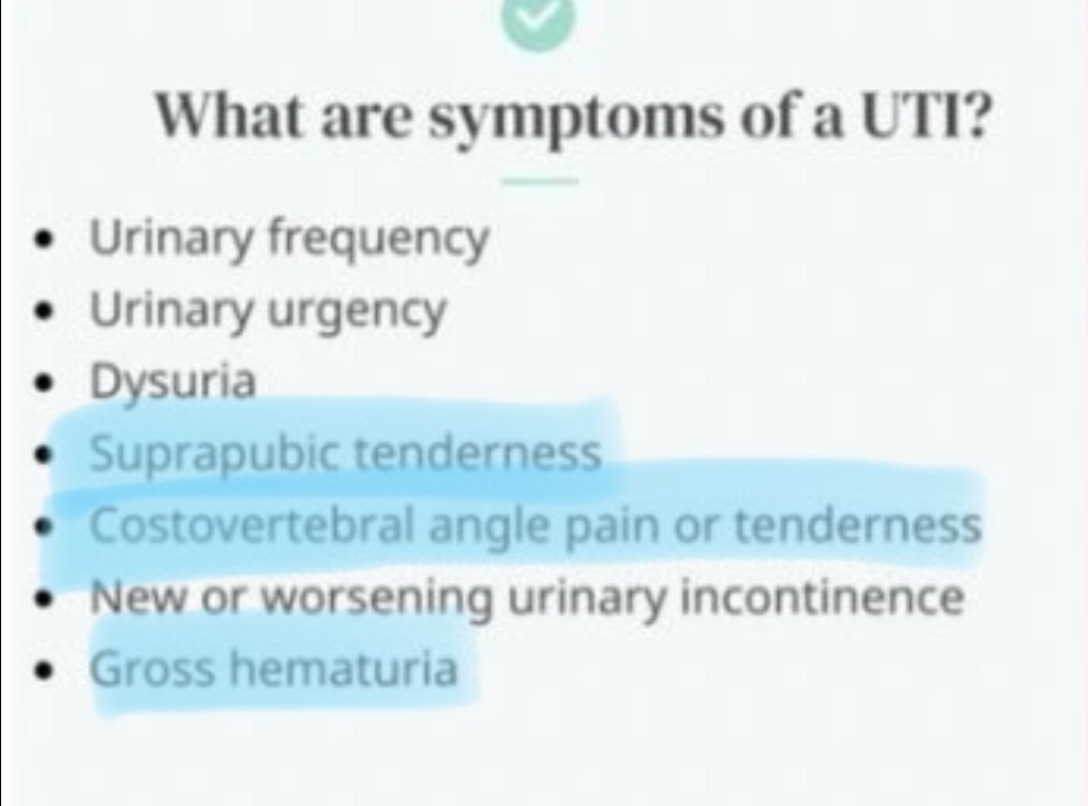 @reverendofdoubt Mark’s point here is important. The only symptoms that you can *maybe* observe in a patient who can’t report symptoms are those highlighted, and we know their sensitivity is TERRIBLE in patients who CAN report symptoms (suprapubic tenderness is the best at ~50%)