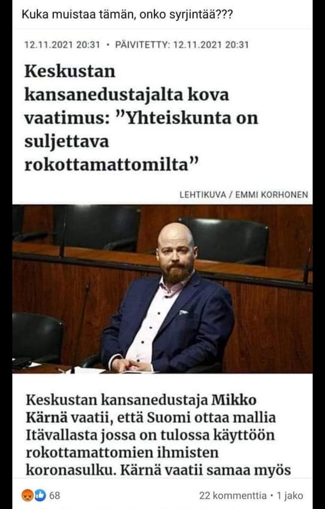 @Roi_Papu Ei yhtään.
Mutta kuulostaapa oikein epämielyttävältä rotuerottelulta ja syrjinnältä.

Ei voi olla ihmisarvoa jos ei täytä määrättyjä 'kriteereitä'.
Vai mitä 'meidänpuolue'
@keskusta
@ArtoPirttilahti
@KarnaMikko 
@kurvisentwiit
@AnnikaSaarikko

Edestänne löydätte.
Ei ole luomu in.