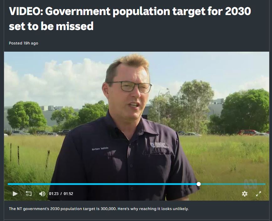 Demog expert, Andrew Taylor, featured on @abcnews Darwin last night talking about the NT government's 2030 population target & why it's unlikely to get to 300K👉🏾bit.ly/NTpopnews

@CDUni @DrDemography @Demotrends @DemographyOz @Demography_ANU #CDUresearch #CDUdemography