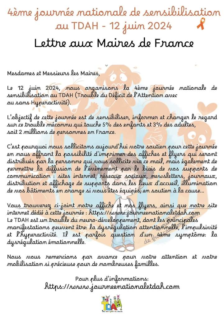 🎗Journée nationale de sensibilisation  au #TDAH #JNTDAH🎗  Les lettres-type  à l'attention des établissements  scolaires,mairies,entreprises sont désormais disponibles!
Vous pouvez les télécharger en cliquant sur la photo sur le site internet: journeenationaletdah.com/blank-1
