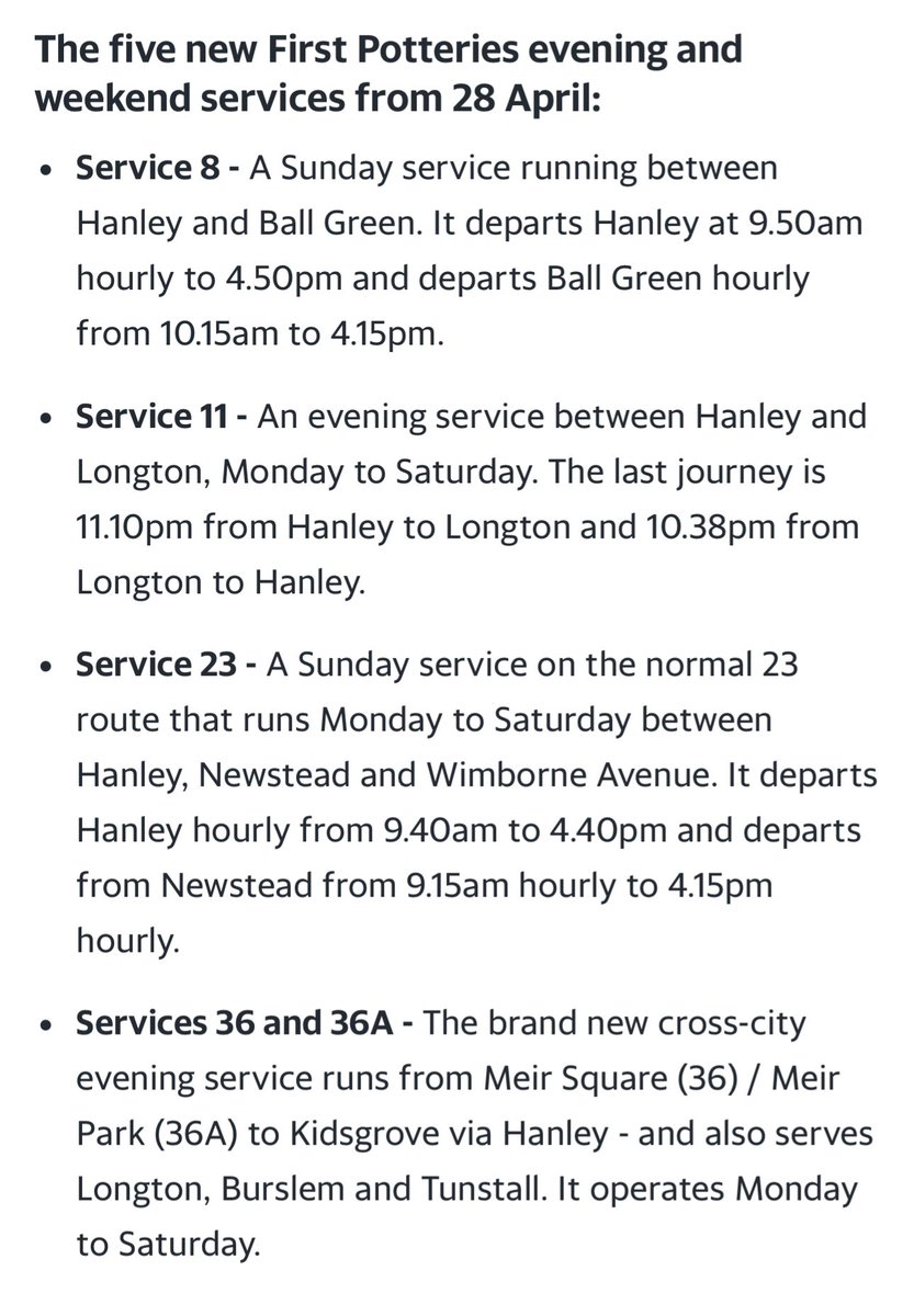 First Bus bringing back 5 evening and weekend services in the potteries from 28/04 @UHNM_NHS #sustainabletravel