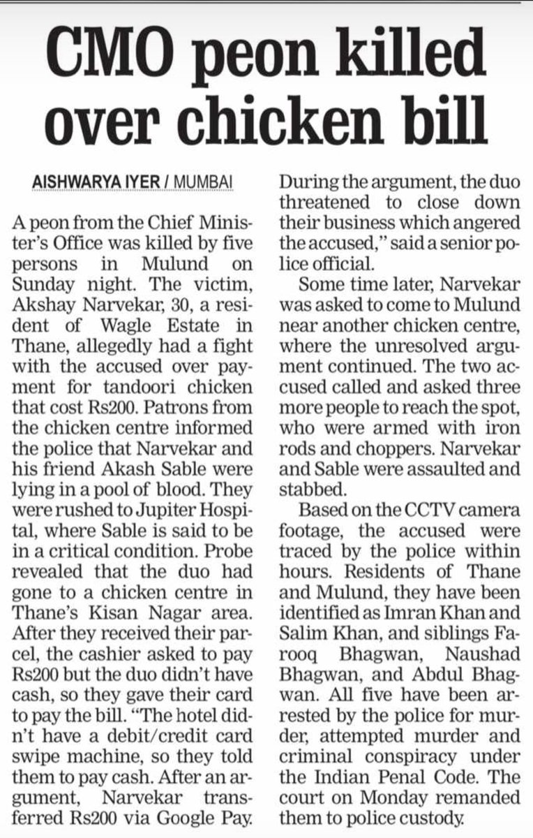 Mumbai Crime: 30-Year-Old Man Killed Following Dispute Over Online Payment For Tandoori Chicken Order; 5 Held freepressjournal.in/amp/mumbai/mum… #Mumbai #Crime @aishooaraam