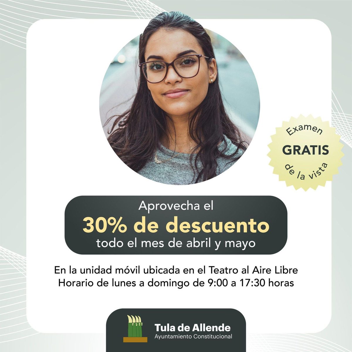 #PasaLaVoz #Tula ¡Sólo por tiempo limitado! Ahora puedes disfrutar de un 30% de descuento adicional en todos los lentes hasta finales de mayo. ¡No te pierdas esta oferta increíble!
📍Teatro al Aire Libre (Centro de Tula)
🕗 9:00 a 17:30 horas