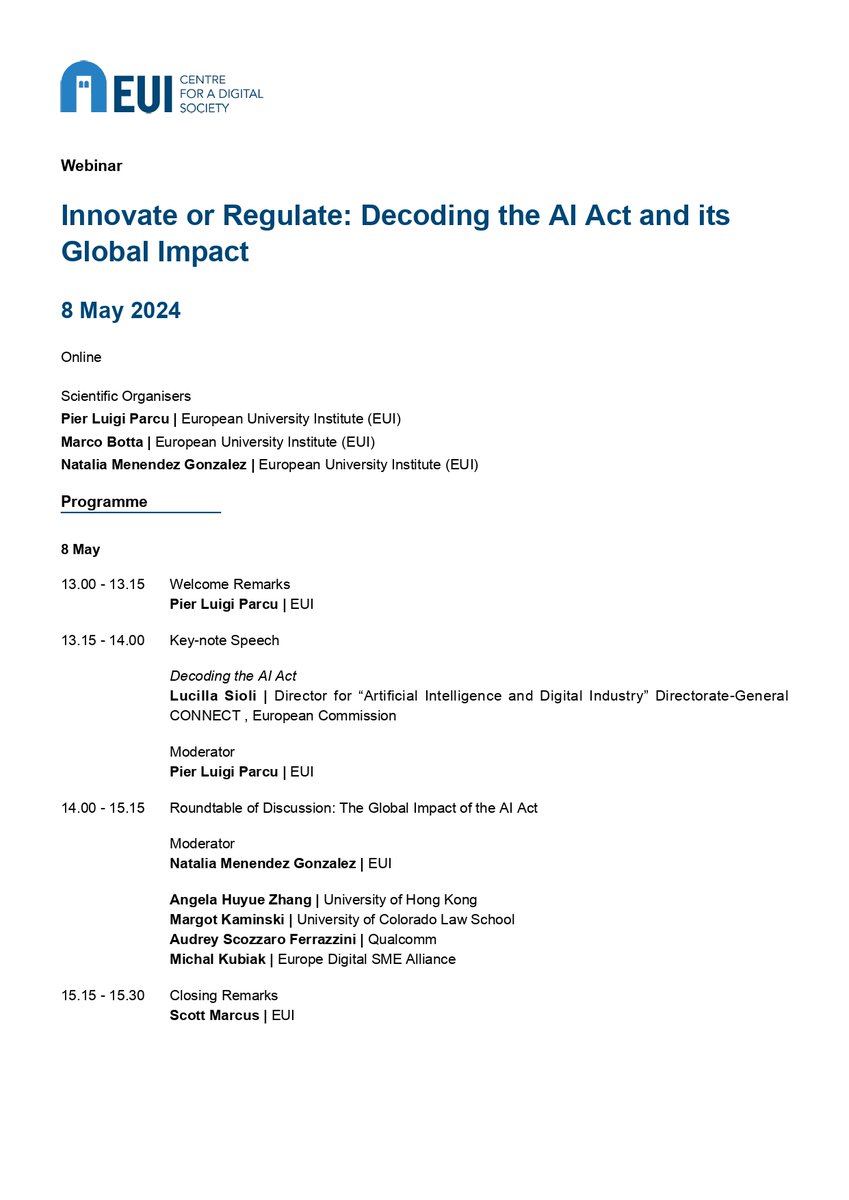 One week left to register for our @EUI_CDS webinar on 'Innovate or Regulate: Decoding the AI Act and its Global Impact'. Join us on 8th May at 1 pm CEST together with @PLParcu @LucillaSioli @AngelaZhangHK @MargotKaminski @AudreyEuropa Michał Kubiak and @JScottMARCUS
