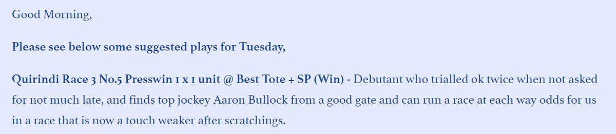 Aaron Bullock appreciation post, some nice bets landed and a double figure $11 winner to kick start the week #PressWin #TrialPerves He is deadset two lengths superior to any jockey in NSW Country, and that was a peach from barrier to winning post. Head to libbytips.com…