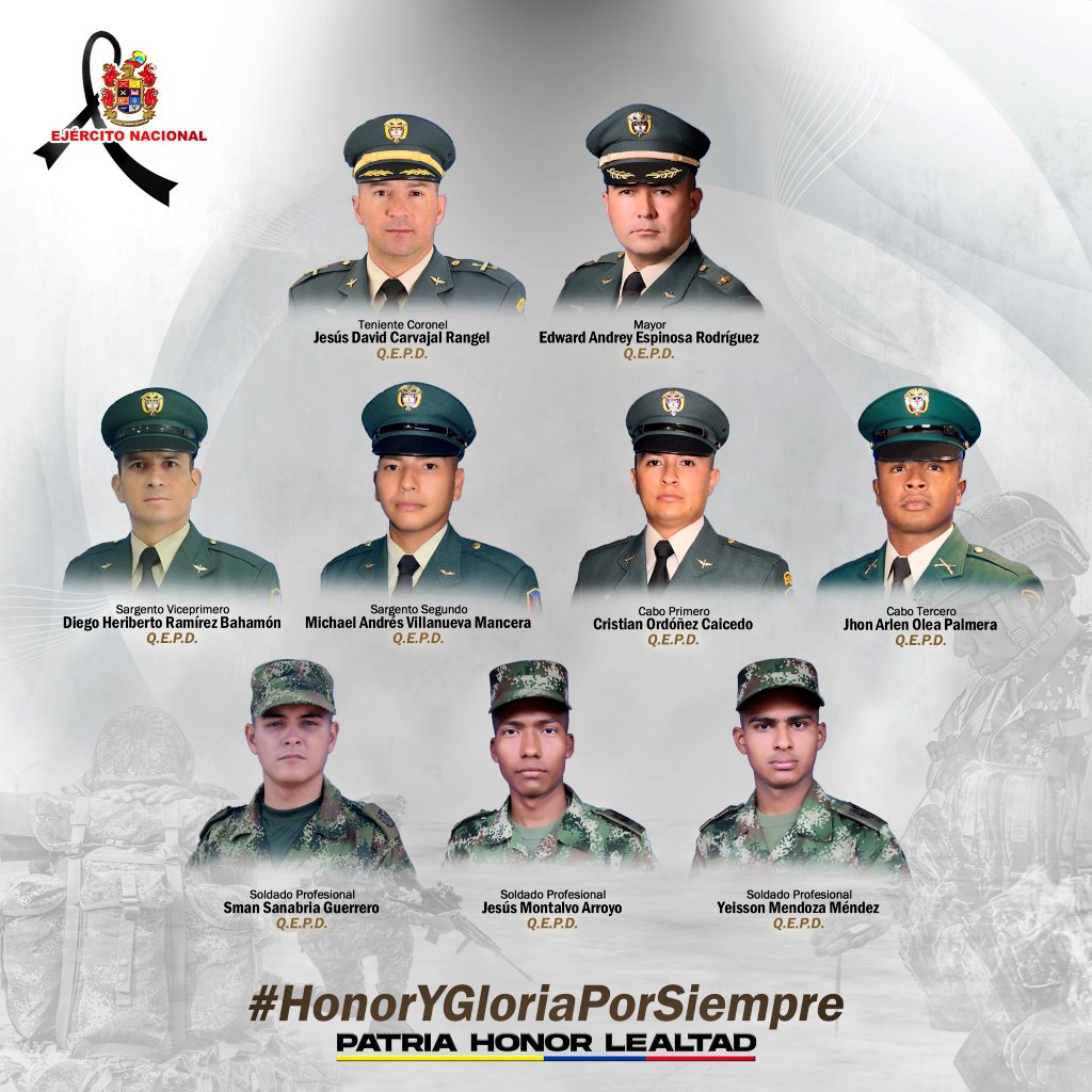 Lamento mucho el fallecimiento de los hombres de nuestro Ejército Nacional en el sur del departamento de #Bolívar. Una verdadera tragedia. En este momento tan difícil, envío un fuerte abrazo a sus familiares y a nuestro glorioso @COL_EJERCITO. Paz en la tumba de estos 9 héroes de…