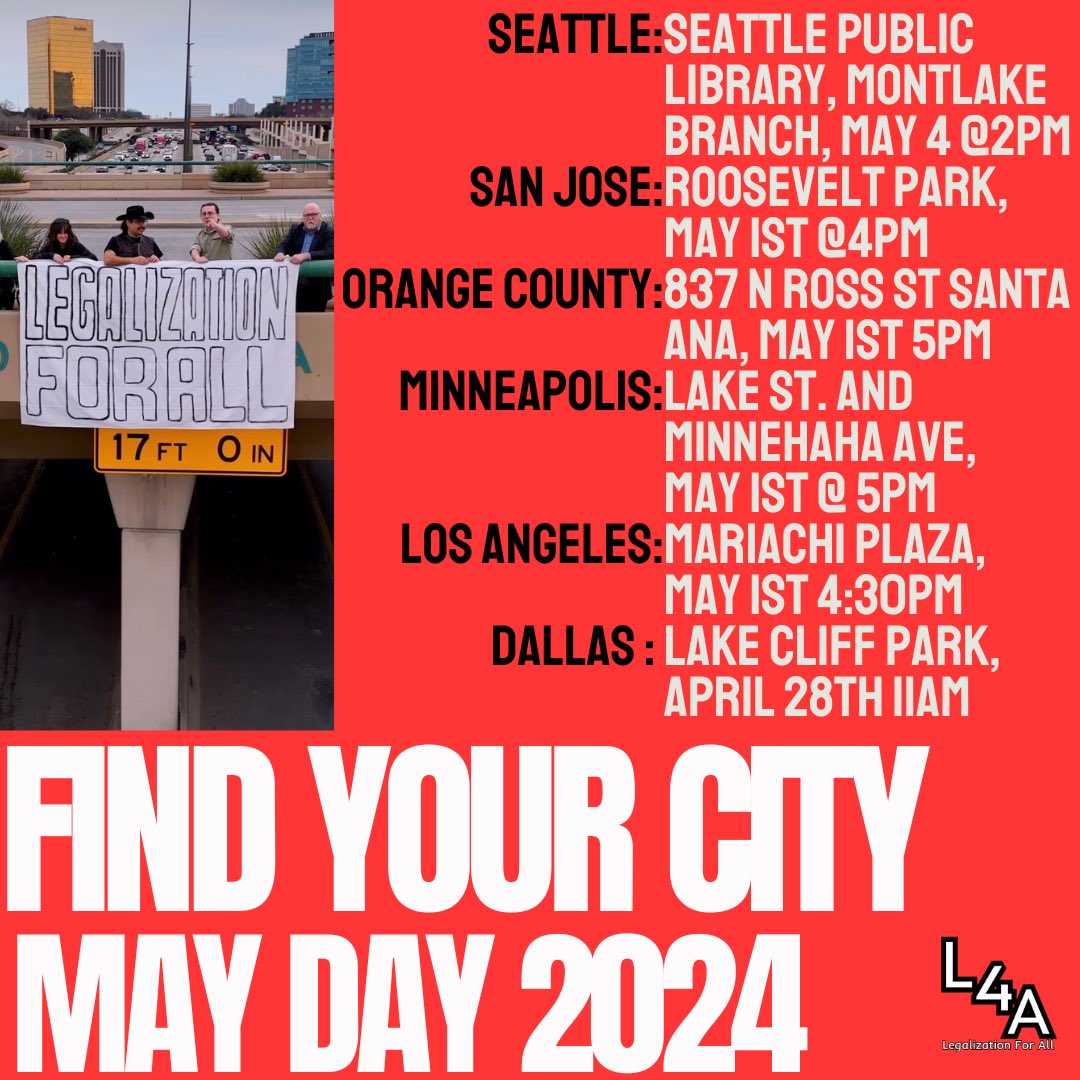 Is your city in the official Legalization for All May actions? Find your city now! We have affiliated chapter actions happening all over which will be centering the demand of legalization for ALL ✊🏽🚩🚩🚩 #MayDay2024 #LegalizationForAll