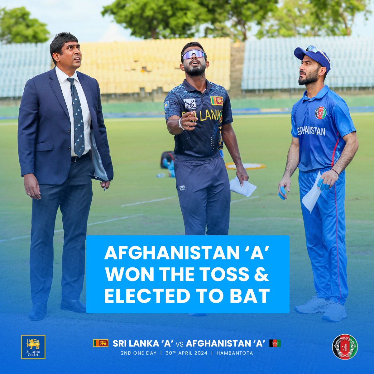 'A' Team  | Toss Update

Afghanistan 'A' won the toss and elected to bat first at MRICS, Hamabantota. #SLATeam #SLvAFG