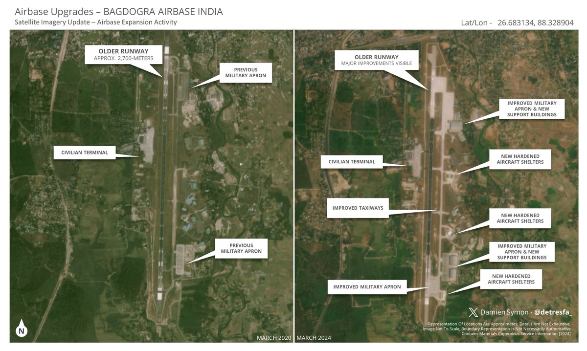 The Bagdogra airbase, a key base for the Indian Air Force during the Doklam crisis, has been undergoing extensive renovation improving its capacity & capability, recent imagery highlights the scale & significant progress achieved at this critical site on the frontline with China