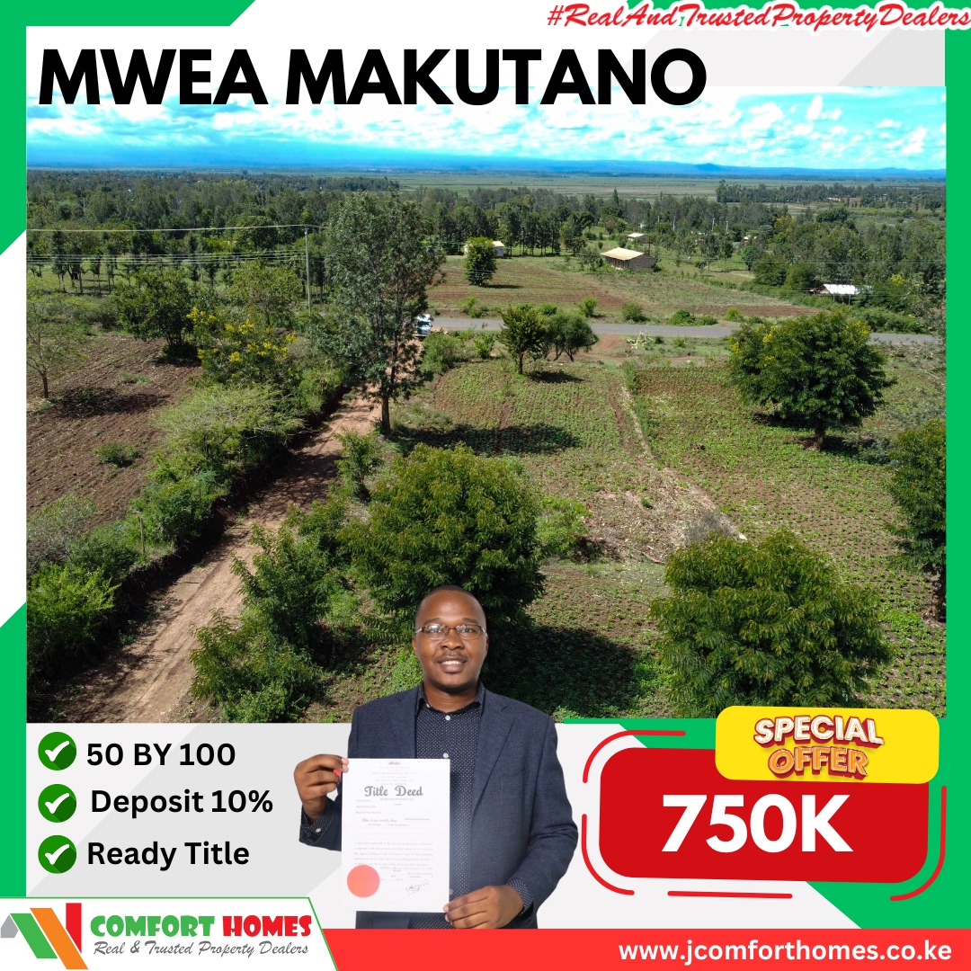 Invest in Makutano Mwea Phase 3 plots, just 4KM off Makutano-Mwea Highway. Affordable 1/8th acre plots at Kshs. 750,000. 

 Call us now on 0722-860-488 to book a site visit
#comforthomes
#plotsforsale
#landinvestment
#LipaCashEndaNaTitle