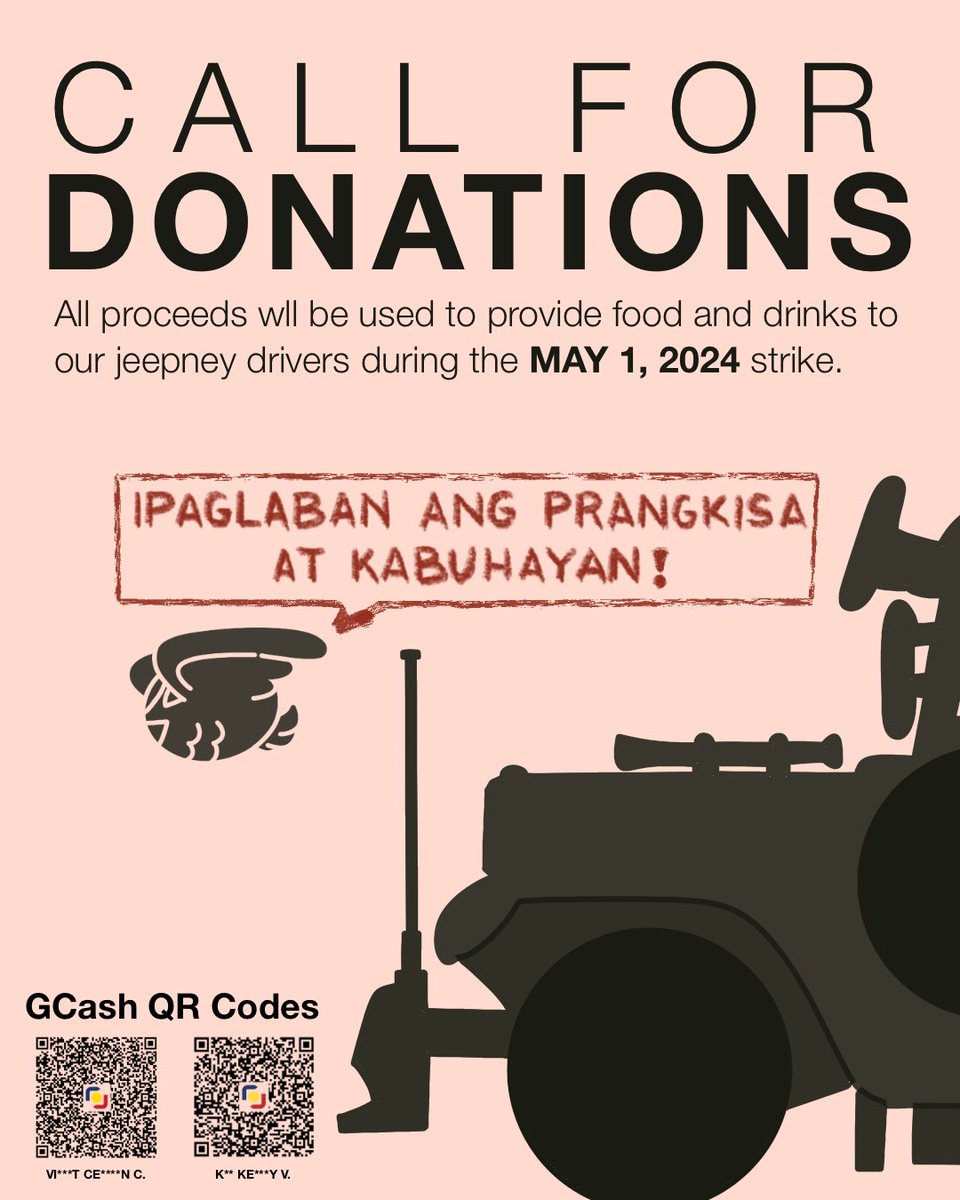 IPAGLABAN ANG PRANKIS AT KABUHAY✊🏼🦉 

Calling for donations

All proceeds will be used to provide food and drinks to our jeepney drivers in Agoncillo cor Pedro Gil.

#NoToPUVPhaseout #NoToJeepneyPhaseout 
#TransportStrike