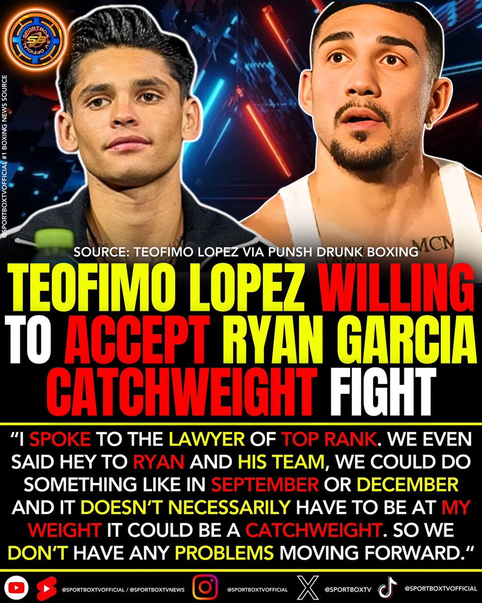 TEOFIMO LOPEZ WILLING TO ACCEPT RYAN GARCIA
CATCHWEIGHT FIGHT

@MrMoonshine10 

#Boxing #boxingnews #boxeo #sports #womensboxing #goldenboy #matchroom #pbc #dazn #skysports #espn #toprank #boxxer #fyp #mma #bkfc #ufc #foryou #foryourpage #fypシ #viral #trending #reels #story