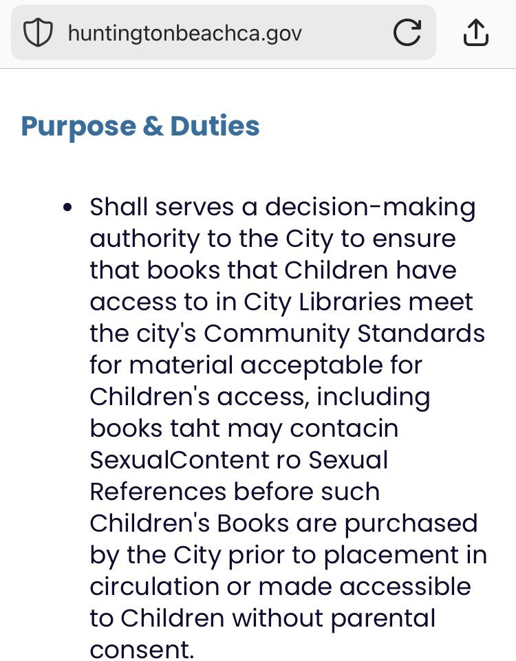 Actual wording from the City of Huntington Beach website.Describes purpose/duties of the NEW Community Parent/Guardian Book Review Board.