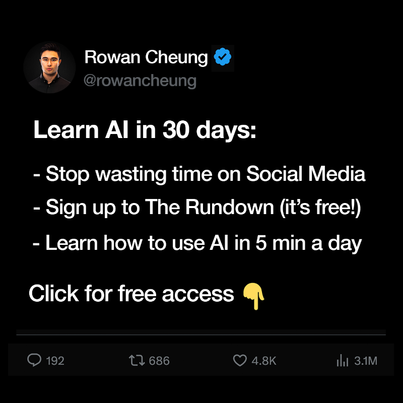 TheRundownAI's tweet photo. If you're not learning AI in 2024, you're falling behind.

Join 500,000+ readers and learn how to use AI in just 5 minutes a day (for free).