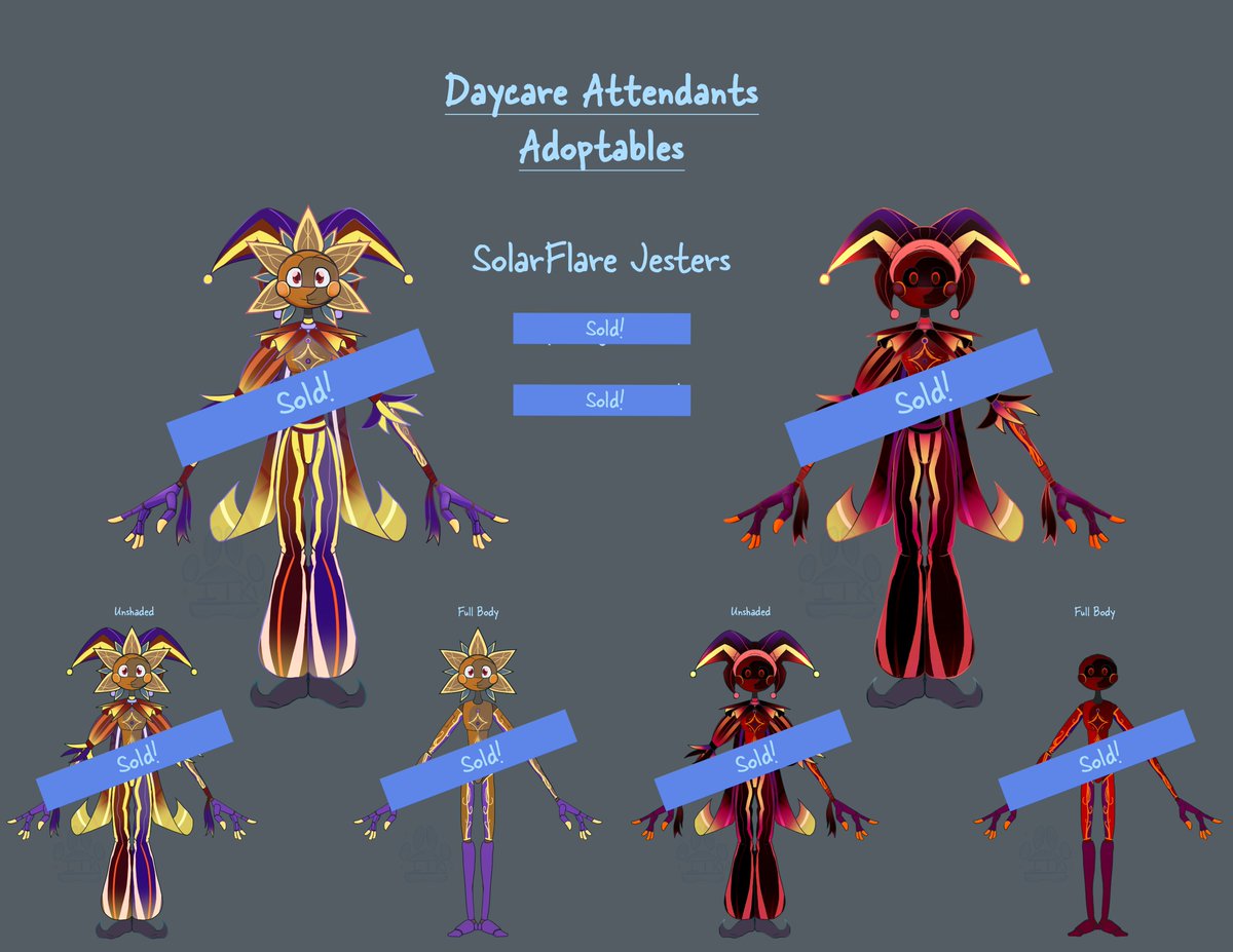 Daycare Attendant Adoptables! Meet the SolarFlare Jesters! They've already been Adopted! You can see them early as a supporter before they go live, and have a chance to grab up all the little babs you want! #FNAF #sundrop #moondrop