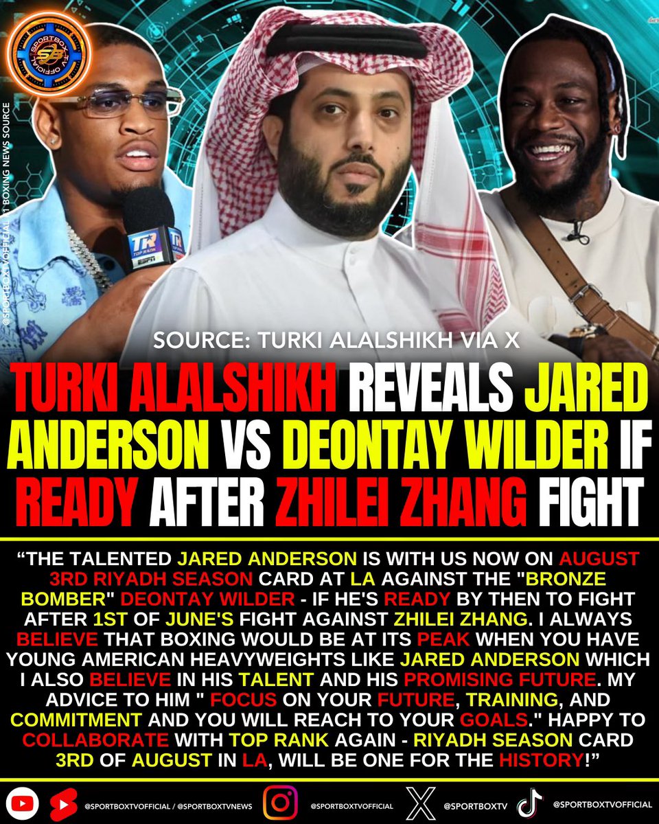 TURKI ALALSHIKH REVEALS JARED ANDERSON VS DEONTAY WILDER IF READY AFTER ZHILEI ZHANG FIGHT

@Turki_alalshikh 

#Boxing #boxingnews #boxeo #sports #womensboxing #goldenboy #matchroom #pbc #dazn #skysports #espn #toprank #boxxer #fyp #mma #bkfc #ufc #foryou #foryourpage #fypシ