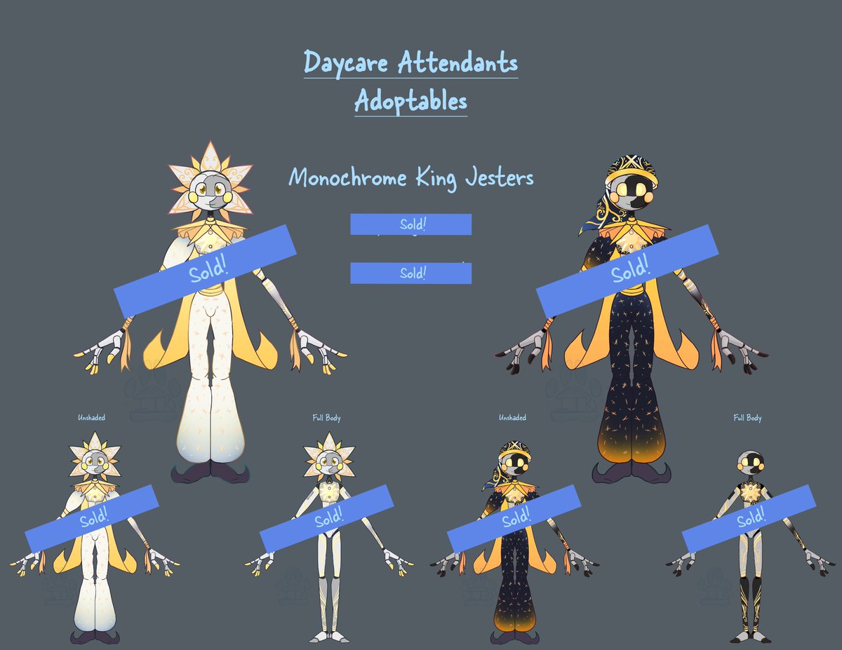 Daycare Attendant Adoptables! Meet the Monochrome King Jesters! They've already been Adopted! You can see them early as a supporter before they go live, and have a chance to grab up all the little babs you want! #FNAF #sundrop #moondrop