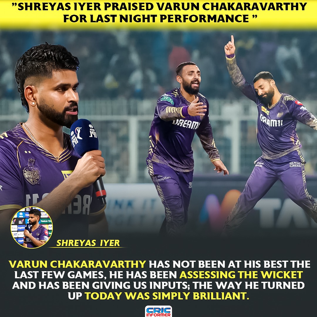 CricInformer's tweet photo. "Shreyas Iyer praised Varun Chakaravarthy for last night performance "
#KKRvsDC #IPL2024 #CricketTwitter #ShreyasIyer #RishabhPant #Cricketfans #iplfan #iplfever #iplnews #iplupdates https://t.co/kRdzNaVj8k