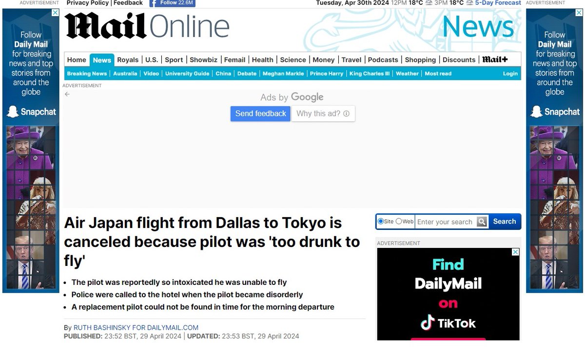 イギリスの大手タブロイド紙、デイリーメール。JALとAir Japanをタイトルから間違えている。 ダラス発東京行きが飲酒トラブルで欠航したのはJAL、Japan Airlines これで間違えられると、Air Japanとエアージャパン運航の違い、絶対にわからなさそう。 dailymail.co.uk/news/article-1…