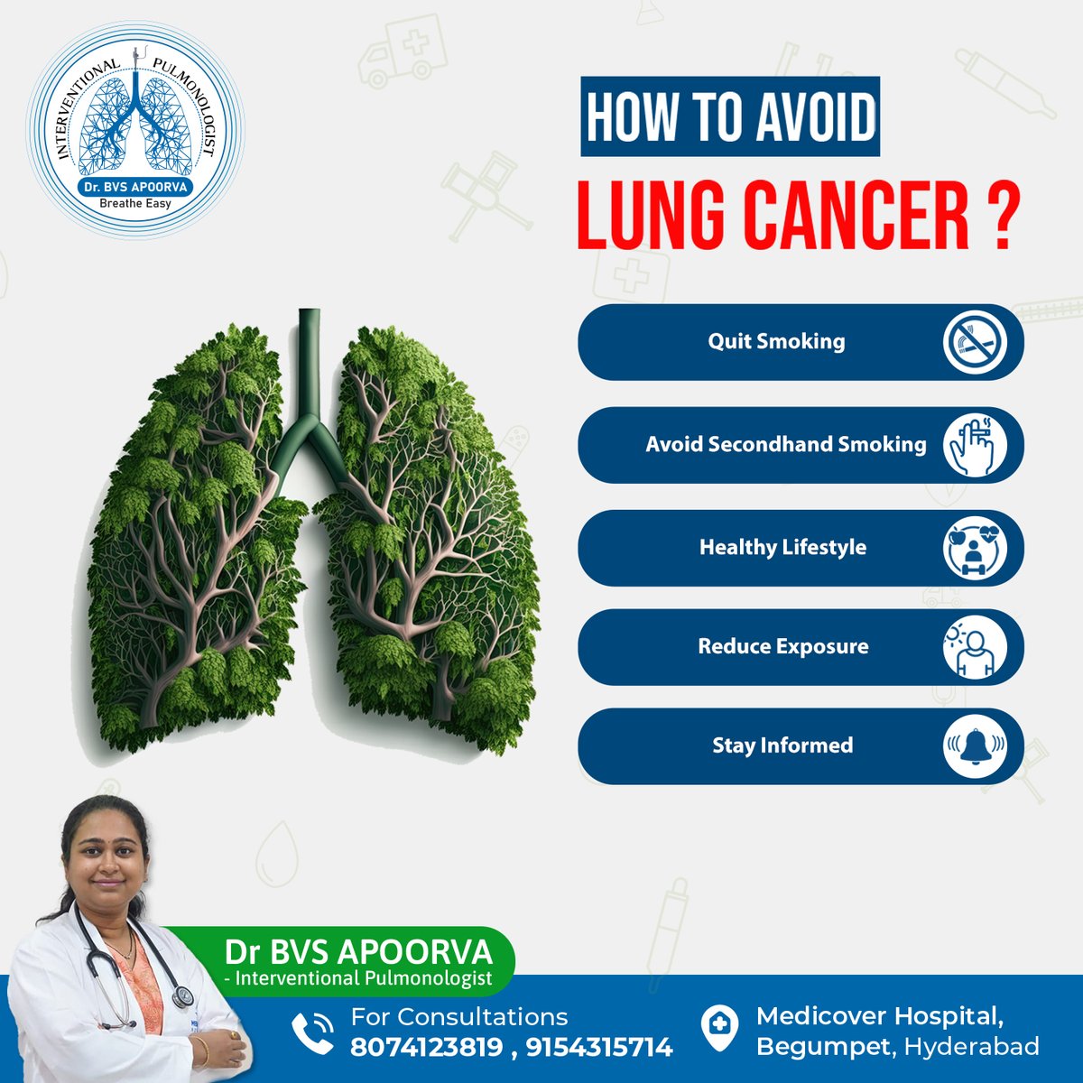 How to avoid lung cancer? Protect your lungs, protect your life. 

Contact us :
Consultation : 8074123819, 9154315714
Website : medicoverhospitals.in/doctors/dr-b-v…

#DrApoorva #Pulmonologist #hyderabad  #lungcancer #lungs #freshair #LungCancerPrevention #QuitSmoking #SecondhandSmoke
