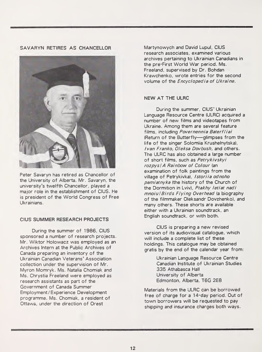 1986 newsletter for a Univ. of Alberta institute under public scrutiny for systemic Holocaust revisionism: Nazi Waffen-SS volunteer and institute founder Peter Savaryn's retirement as chancellor is announced just above current Canadian Deputy PM Chrystia Freeland's new job blurb.