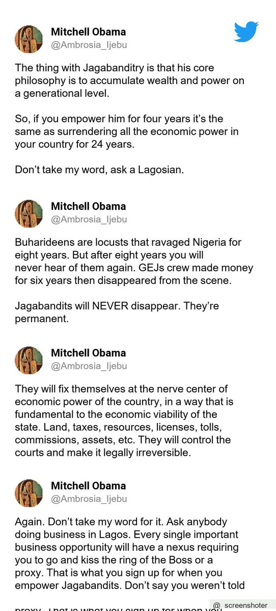 Mitchell Obama (Ambrosia Ijebu) saw tomorrow. Sadly, we are still at the initial stage of everything he highlighted. We've seen the evidences already in year one. They are already happening right before us. BAREFACE CRIMINALITY REIGNS SUPREME while citizens that ought to…