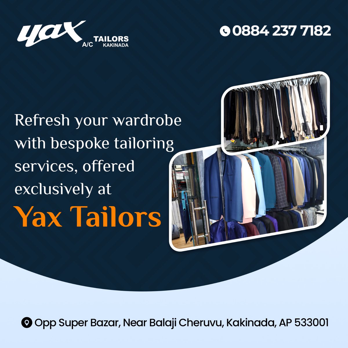 Transform your wardrobe with our premium bespoke tailoring services, available only at Yax Tailors. Discover a new level of style today!
.
Call Us at: 📞0884 237 7182
Location: 📍Kakinada, Andhra Pradesh, India 5330010.
.
#Customization #clothingalterations 
#weddingsuit #blazers