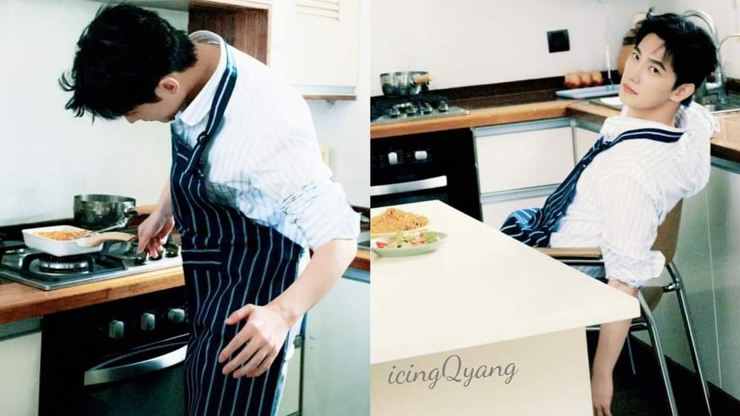 Chef #YangYang杨洋 is flipping the pan, then takes a break to savor his creation. #vacationmode someone's in the kitchen. Thanks #YangStudio for the gorgeous pix.