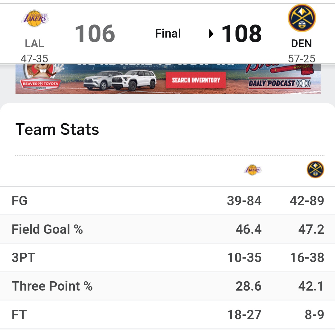 Nuggets move on 
Missed free throws cost the #Lakers the game . 18-27, that's missing nine.