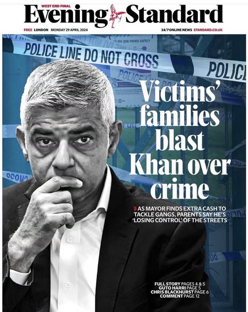 “Figures reveal 38% increase in knife offences since Mayor took office. The families of young people killed in London on Monday accused Sadiq Khan of “completely losing control” of the capital’s streets after a 20 per cent rise in knife and gun crime”. - Evening Standard