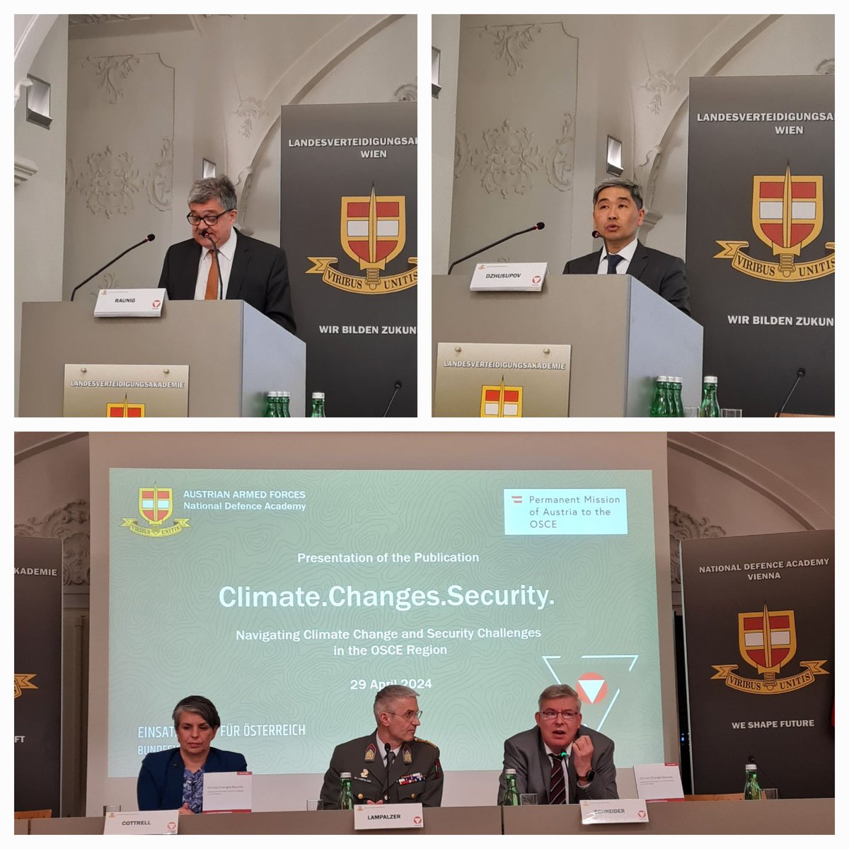 Yesterday, the important publication 'Climate.Changes.Security' by the National Defence Academy & the Permanent Mission of Austria to the OSCE was presented by initiators Colonel @HansLamp & Amb. Florian Raunig 👏 Keynotes by @BDzhusupov, Linsey Cottrell, Felix Schneider.