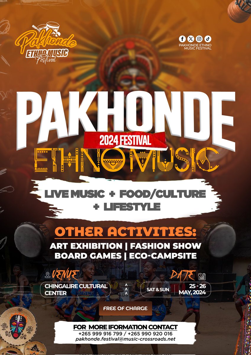#PakhondeEthnoMusicFestival2024!!! Join us for a cultural celebration like no other, presented by Music Crossroads Malawi, alongside Chingalire Cultural Village.
It's a two days cultural extravaganza of vibrant rhythms and traditions from Marawi,
@Pakhonde_Ethno