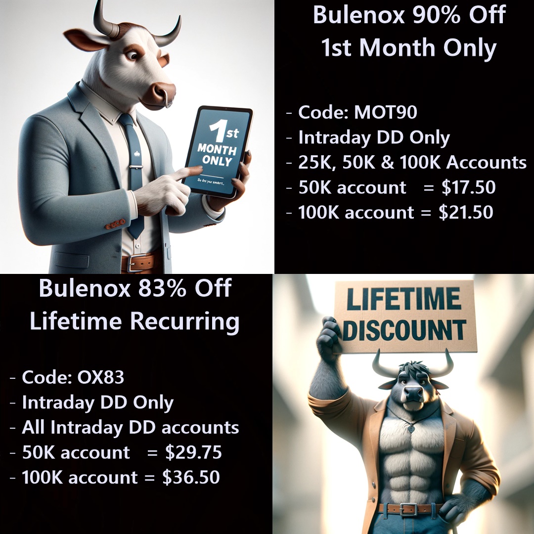 🚨ENDS in LESS THAN 24 HOURS🚨 

Bulenos 90% off intraday DD 1st Month! = CODE: MOT90
Bulenox 83% off INtraday DD Lifetime! = CODE: OX83

Great deals for everyone! Grab one or 11! 

bit.ly/motbul 

#futures  #daytrading #futurestrader #propfirm #propfirms