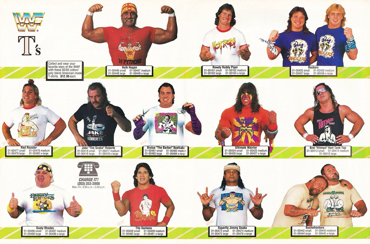 WWF T's for your Summer wardrobe. ☀️ #WWF #WWE #HulkHogan #RoddyPiper #TheRockers #RedRooster #JakeRoberts #BrutusBeefcake #UltimateWarrior #BretHart #DustyRhodes #TitoSantana #JimmySnuka #Bushwhackers
