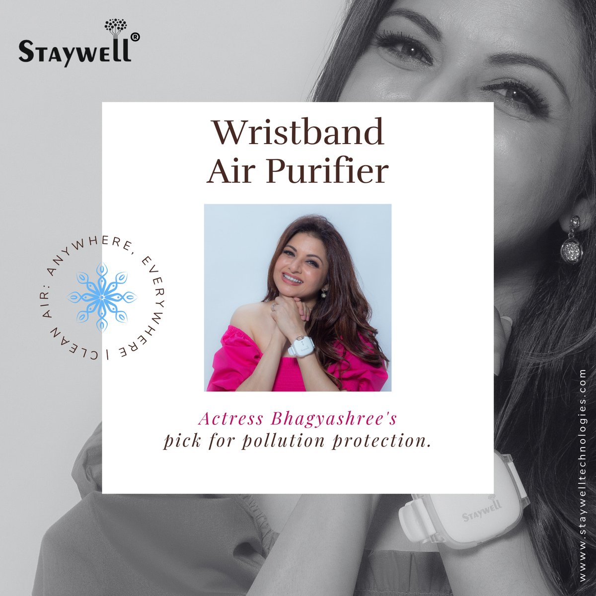 'Introducing the Staywell Wristband Air Purifier – the ultimate pollution protection endorsed by actress Bhagyashree herself! Stay safe, stay stylish, and breathe easy with this revolutionary tech on your wrist. Don't just survive, thrive in any environment!'

#airpurifier