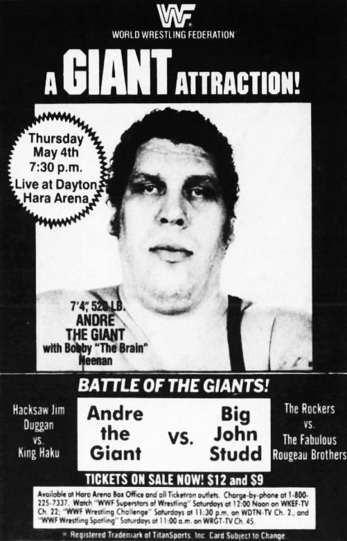 On this day in 1989: A Giant WWF attraction at the Dayton Hara Arena in Ohio! 🤼 #WWF #WWE #Wrestling #BigJohnStudd #AndretheGiant