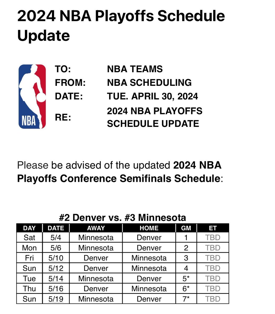 Dates (but no times/TV info) for the Nuggets-Timberwolves series. Game 1 is Saturday.