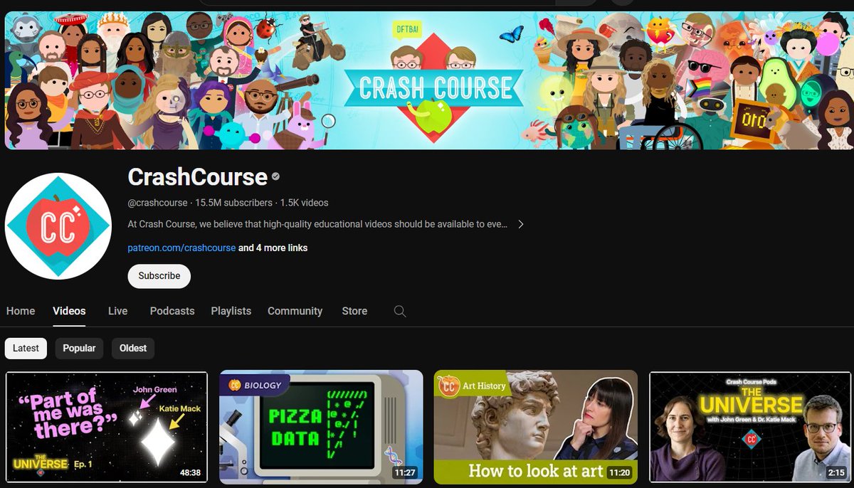 4. CrashCourse:

Short and entertaining educational courses on a variety of subjects.

🔗youtube.com/c/crashcourse