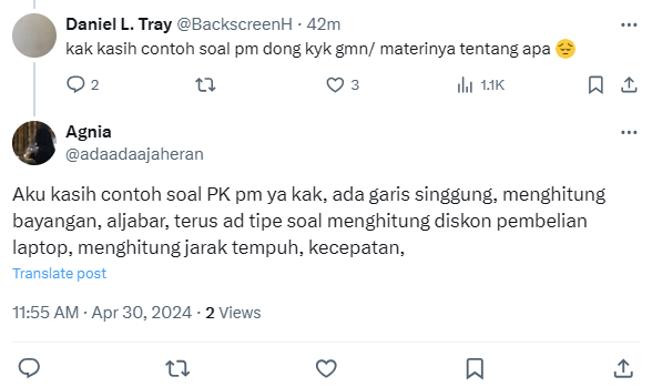 2. Menghitung Diskon (Aritmatika sosial nih)
3. Garis singgung (PGL)
4. Aljabar nih luas wkwk