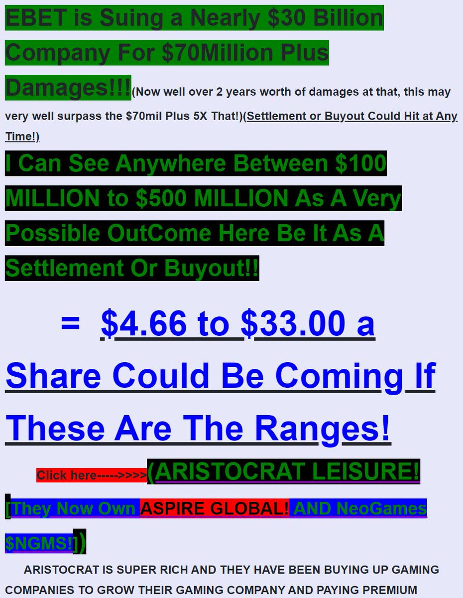 🏆 $EBET 💪THIS WRAPS IT UP FROM IHUB BOARD WITH LOADS OF DD HERE IN THE INTRO/ABOUT SECTION AND POSTS ⚡️💎⚡️AS WELL AS HERE AT X 🏆#EBET 🪐☄️🔭🐳🐳🐳🐋⏳📢
investorshub.advfn.com/boards/read_ms…