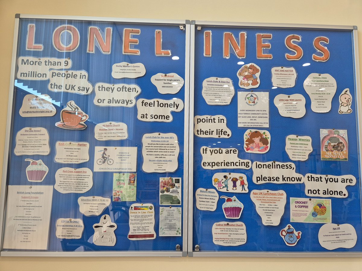 Absolutely fantastic 'loneliness' board at Heanor Memorial Health Centre advertising local community groups and activities. What a lovely thing for our patients 💙