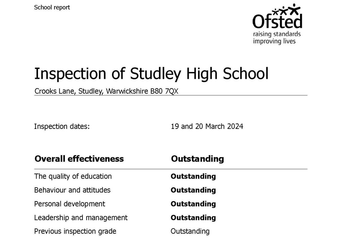 We are delighted to announce that Studley High School, part of the Shires Multi Academy Trust, remains Outstanding. The inspection team recognised the quality of provision, the respectful, caring environment and that students achieve exceptionally well. files.ofsted.gov.uk/v1/file/502454…