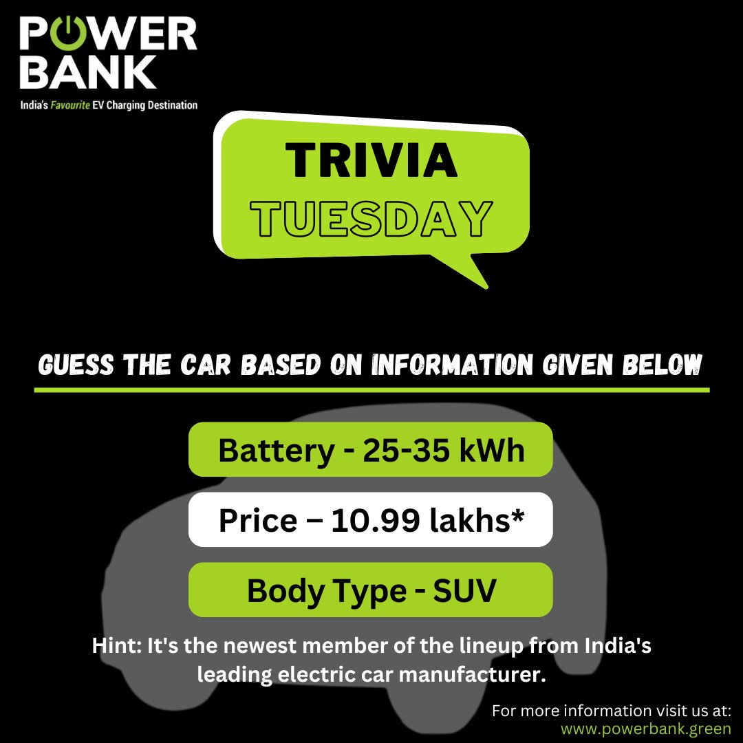 Let’s put your EV knowledge to the test.
Let us know your answer in the comments below.

#ev #evindia #evcharging #evchargingstation  #triviatuesday #tuesdaytrivia #tatapunchev #tatamotors #electriccar #emobility #greenenergy #sustainabletransport #environment #travel